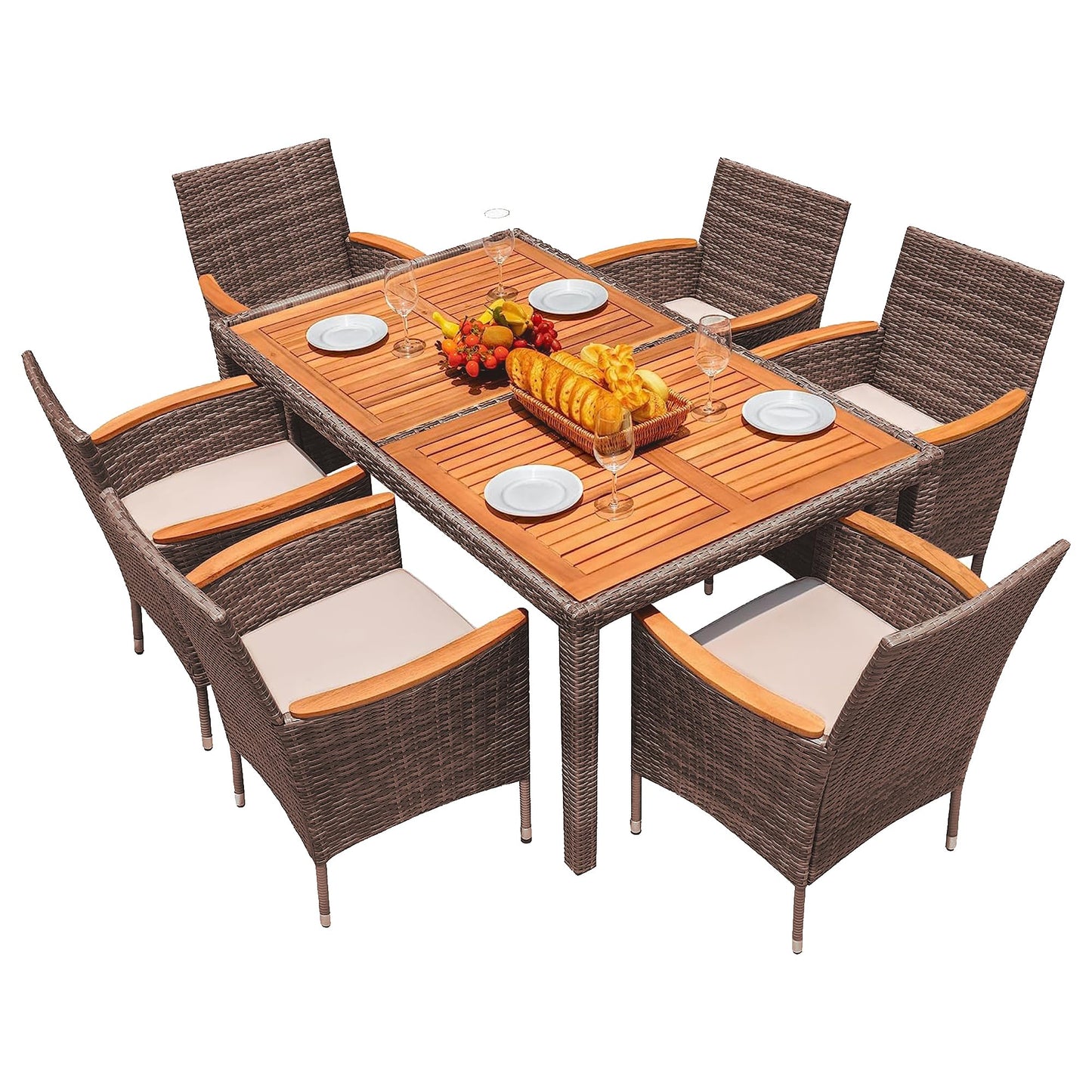 Flamaker 7 Piece Patio Dining Set Outdoor Acacia Wood Table and Chairs with Soft Cushions Wicker Patio Furniture for Deck, Backyard, Garden (Brown)