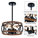 Faibra 4-Light Farmhouse Drum Pendant Light,12.6'' Nature Wood Texture Vintage Rustic Chandeliers Black Metal Industrial Hanging Light Fixtures for Entryway, Bedroom Dining Room Faibra