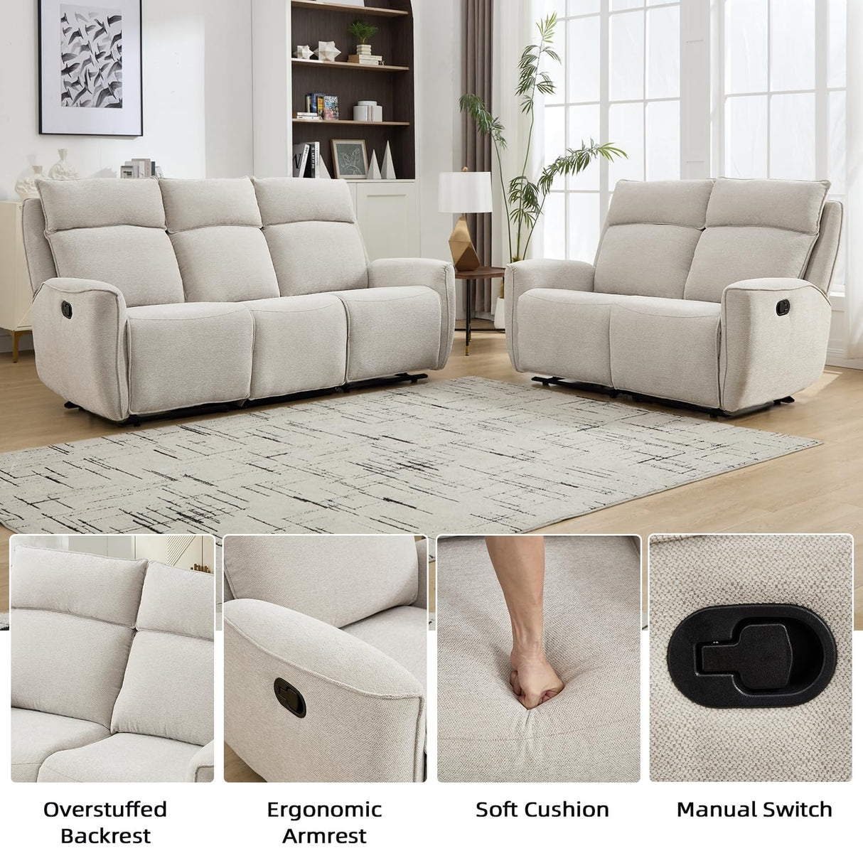 INZOY Manual Loveseat Recliner Sofa Set, Wall-Hugger Reclining Living Room Furniture Set, Chenille 2-Seater Recliner Chair and 3-Seat Reclining Sofa Couches for Office, Villa, Beige，2+3 INZOY
