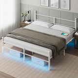 King Size Bed Frame with Headboard - Metal Platform Bed with LED Lights, Charging Station, Under Bed Storage and Heavy Duty Steel Slats Support - No Box Spring Needed, Easy Assembly, White BedNZZZ