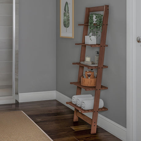 5-Tier Ladder Shelf - 50-Inch Narrow Leaning Bookshelf - Wooden Bookcase for Living Room, Bathroom, Kitchen, Office, or Bedroom Furniture by Lavish Home (Walnut) Lavish Home