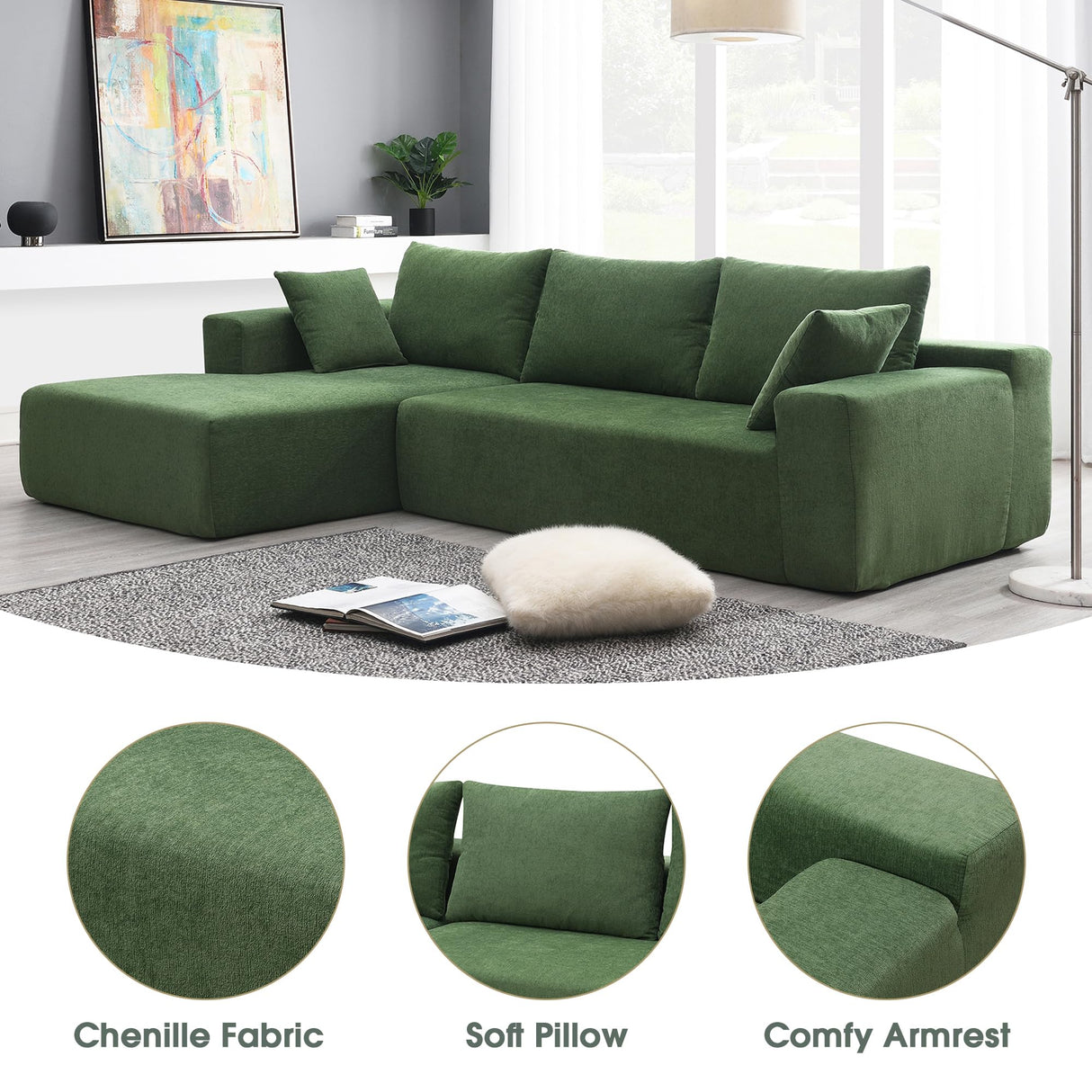 P PURLOVE Modern Sectional Sofas for Living Room, Modular L-Shape Couch, Upholstered Sleeper Sofa for Bedroom, Salon, 2 PC Free Combination, Green P PURLOVE