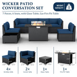 VONZOY 8 Pieces Outdoor Patio Furniture Set with 44" Fire Pit Table Black Rattan Sectional Conversation Sets w/Gas Fire Pit, Coffee Table, 2 Waterproof Covers, Navy Blue VONZOY
