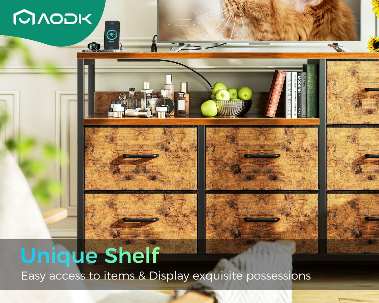 AODK Dresser with Charging Station, 52-Inch Long Dresser for Bedroom with 7 Large Fabric Drawers, Dresser TV Stand with Open Shelves for 55-Inch TV, Vintage and Vintage AODK
