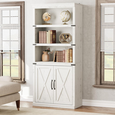 5 Tier Book case with Cabinet, Farmhouse Book Shelf with Storage Doors, 68.7" Tall Wooden 5 Shelf Book Case for Home Office, Living Room, Bed Room-(White, 68.7" H x 31.5" W x 12.9" D)