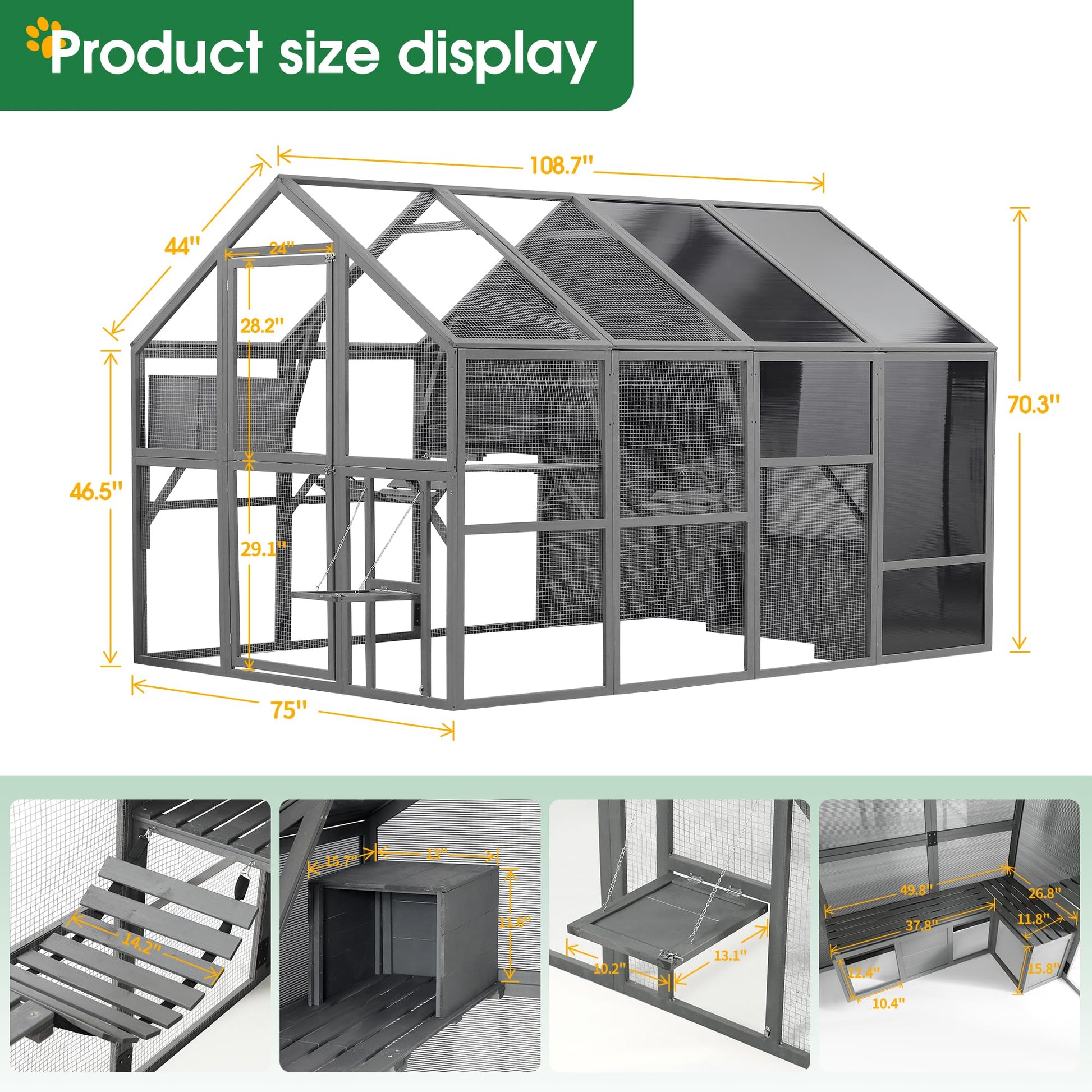 Luxury Cat Cage Outdoor Wooden Catio Enclosure Patio Large Cat Run House for Multiple Pets Walk-in Kitten Kennel with Bouncy Bridge, Platforms, Small Houses, Seating, and Sunshine Panel (Grey - WoodArtSupply