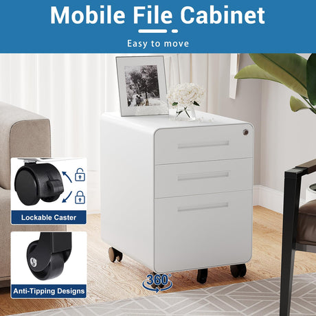 AFAIF 3 Drawer File Cabinet with Lock, Metal Filing Cabinets for Home Office, Small Rolling File Cabinet Under Desk Office Drawer Mobile Storage Cabinet fits Letter/Legal/A4 Size, White AFAIF