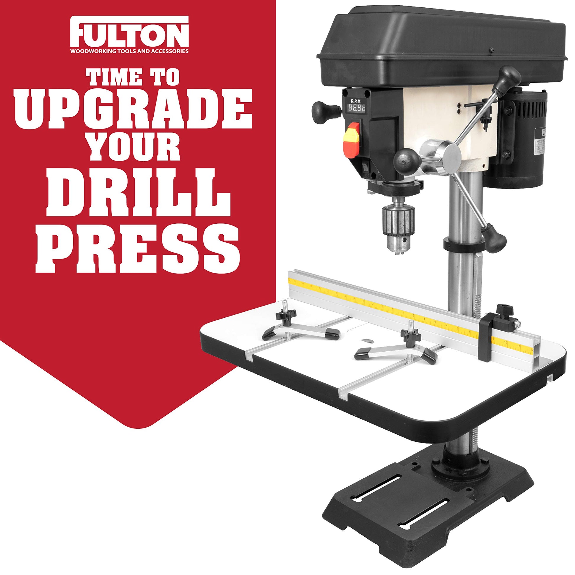 Fulton Deluxe 1 3/8 inch Thick Drill Press Table with Precision Tilt Capable Adjustable Fence System | 2 PVC Tipped Aluminum Hold Downs | Aluminum Flip Stop and Mounting Hardware - WoodArtSupply