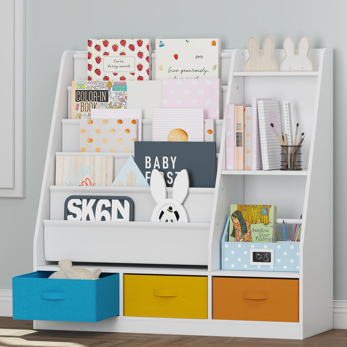 UTEX 5-Tier Kids Sling Bookshelf with Storage Bins, Wood Children Bookcase, Toddler Montessori Book Shelf for Kids Room, Classroom, Bedroom, and Nursery, White UTEX