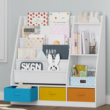 UTEX 5-Tier Kids Sling Bookshelf with Storage Bins, Wood Children Bookcase, Toddler Montessori Book Shelf for Kids Room, Classroom, Bedroom, and Nursery, White UTEX