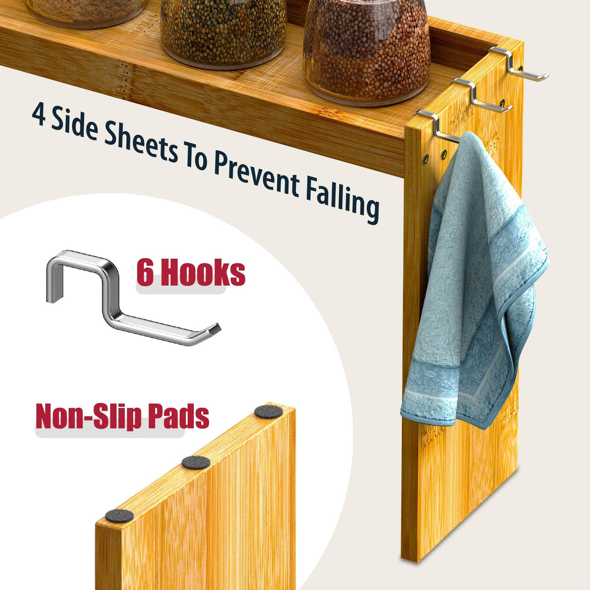 IIIOIIIA Bamboo Over the Stove Spice Shelf for Kitchen, 31.5" Spice Rack Organizer Shelf with 6 hooks, 11.4" Height Extra Storage Countertop, Easy to Assemble IIIOIIIA