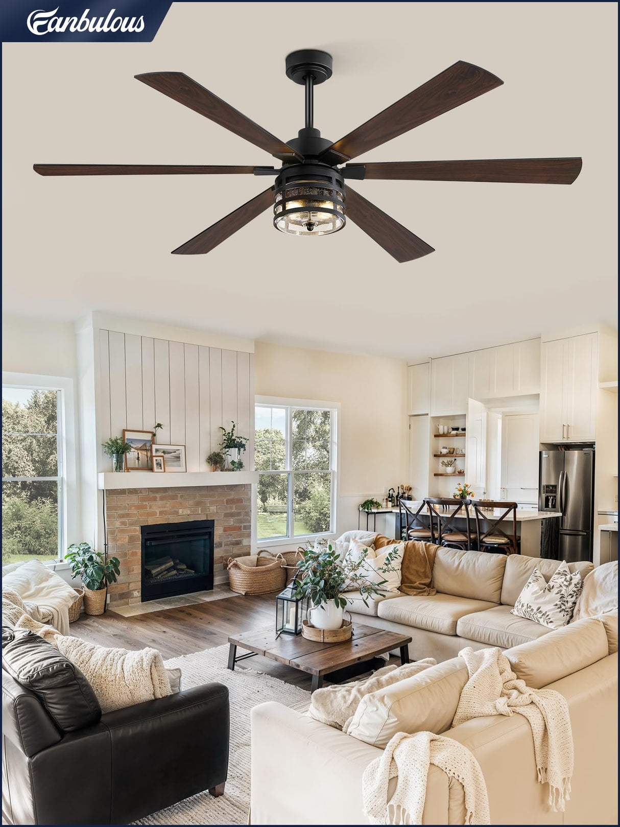Fanbulous 65" Farmhouse Ceiling Fans with Lights and Remote,Industrial Large Ceiling Fan with 6-Speed Reversible DC Motor and 6 Dual Finish Blades,Black Ceiling Fan with Light for Living bedroom Patio Fanbulous
