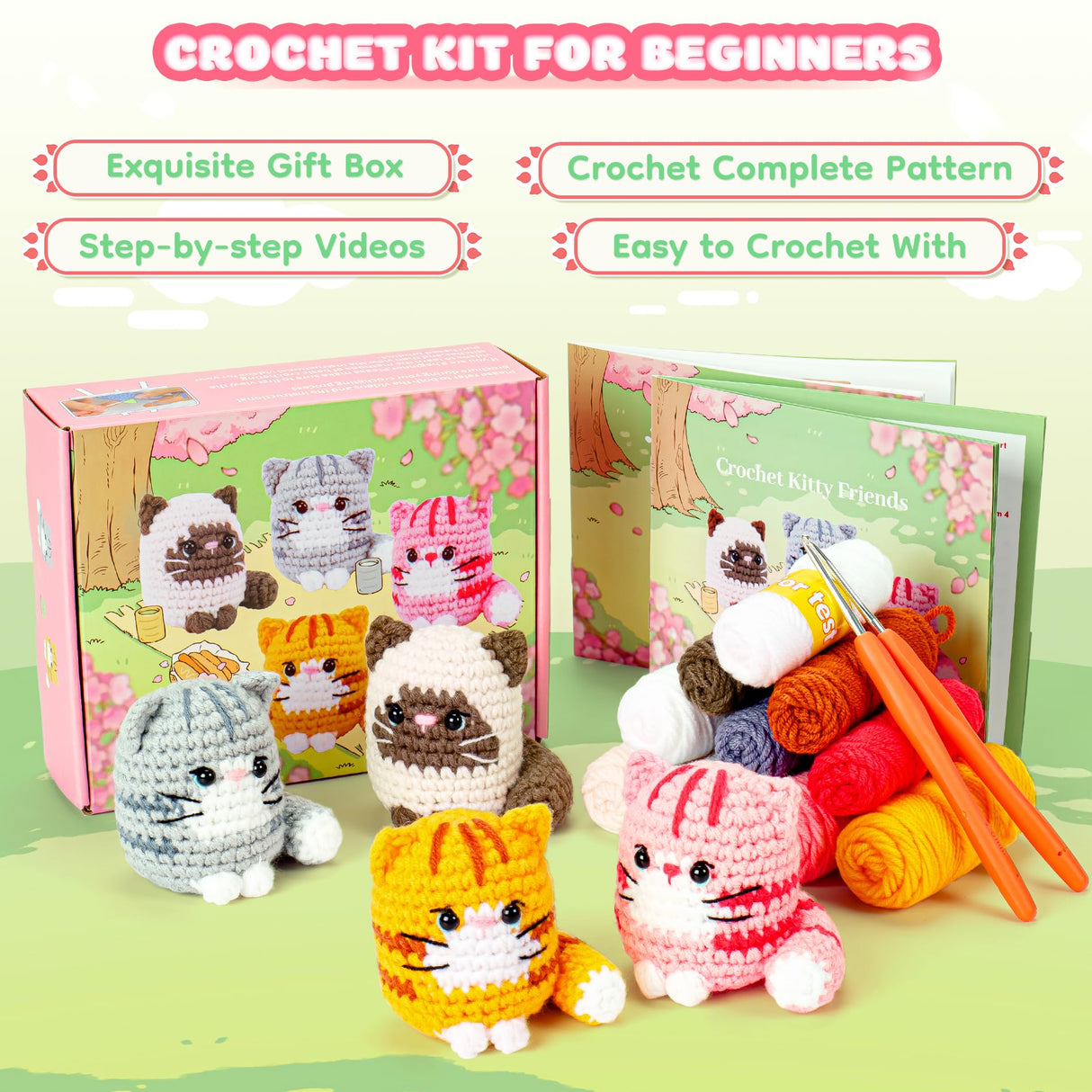Crochet Kit for Beginners -4 PCS Cat Crochet Kit with Step-by-Step Video Tutorials, Learn to Crochet Kits for Adults and Kids, Beginner Crochet Kit for Adults, Crochet Cat Friends Set Fortuning's JDS