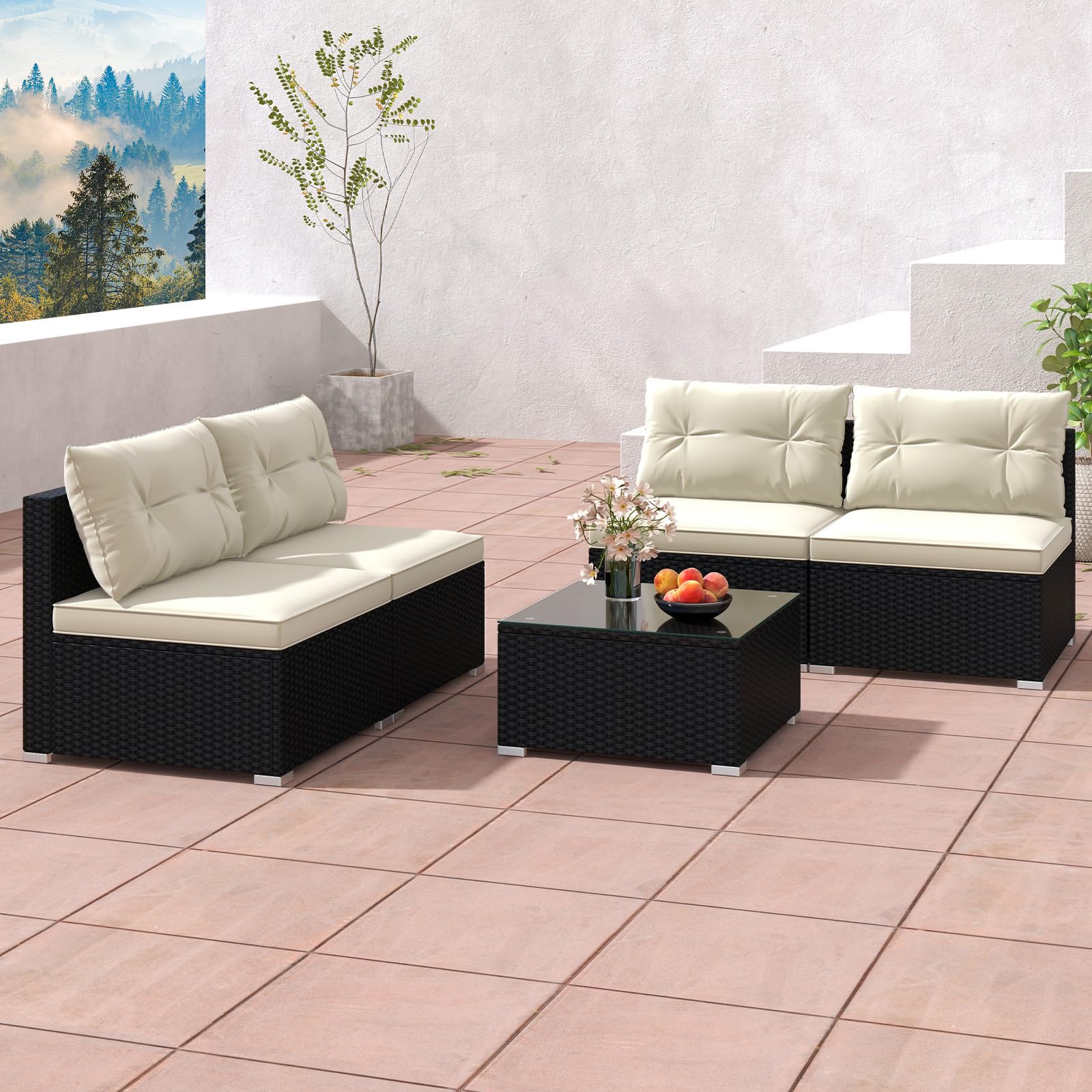 Tangkula 5 Piece Rattan Sofa Set, Patiojoy Outdoor Wicker Furniture Set with Seat & Back Cushions, Square Coffee Table, Patio Sectional Sofa Set for Backyard, Poolside, Garden - WoodArtSupply