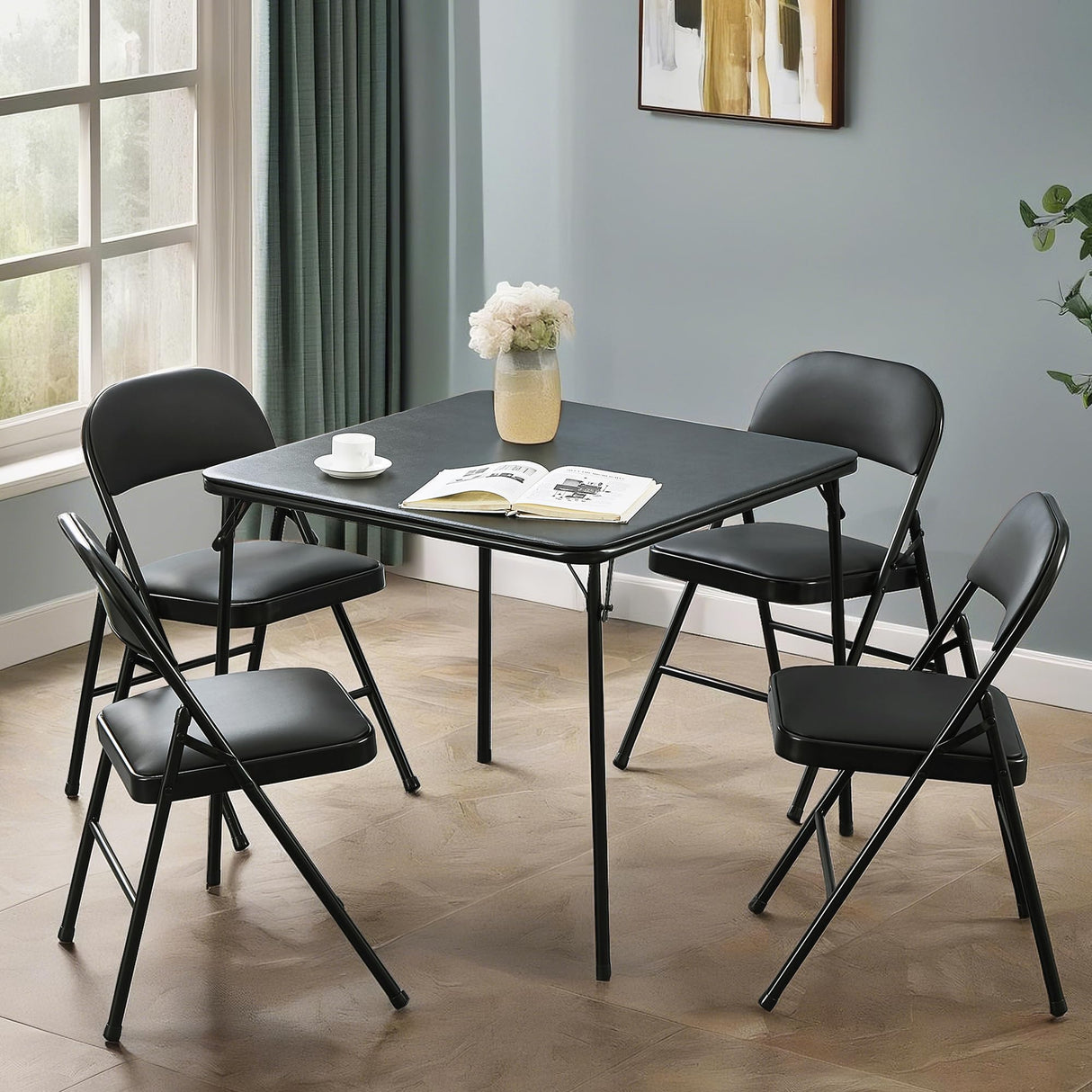 VECELO Folding Card Table and Chair Set of 5 Portable with Padded Tabletop, No Assembly Required, Black VECELO