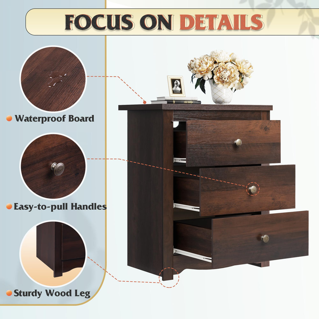 WLIVE Tall Nightstand with Charging Station, Wood Nightstand with 3 Drawers, Side Table for Bedroom, Dorm, End Table with 2 USB Ports and 2 AC Outlets, Bedside Table, Espresso WLIVE