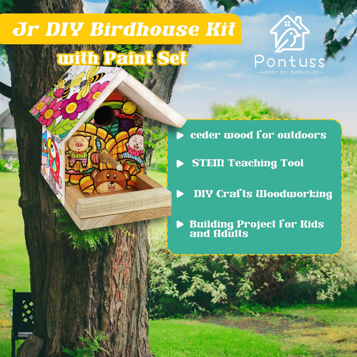 DIY Birdhouse Kit with Paint Set - Kids' Wood Craft Kits - Make a Bird House Kit for Kids - DIY Woodcraft Building Projects for Kids and Adults- STEM Teaching Tools Pontuss