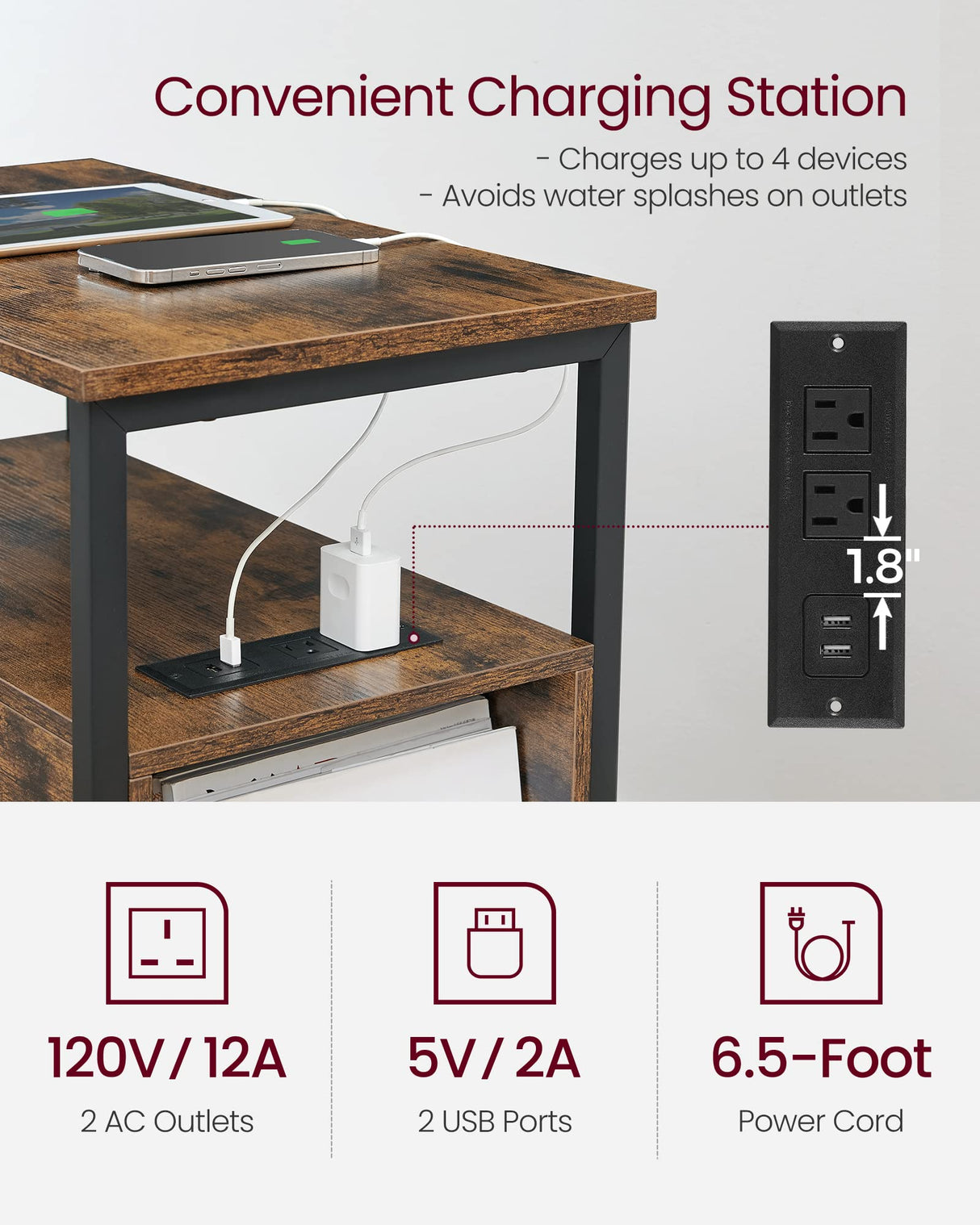 VASAGLE Side Table with Charging Station, Narrow End Table with 2 Drawers, Slim Nightstand and Bedside Table with Storage, for Small Spaces, Rustic Brown + Black VASAGLE