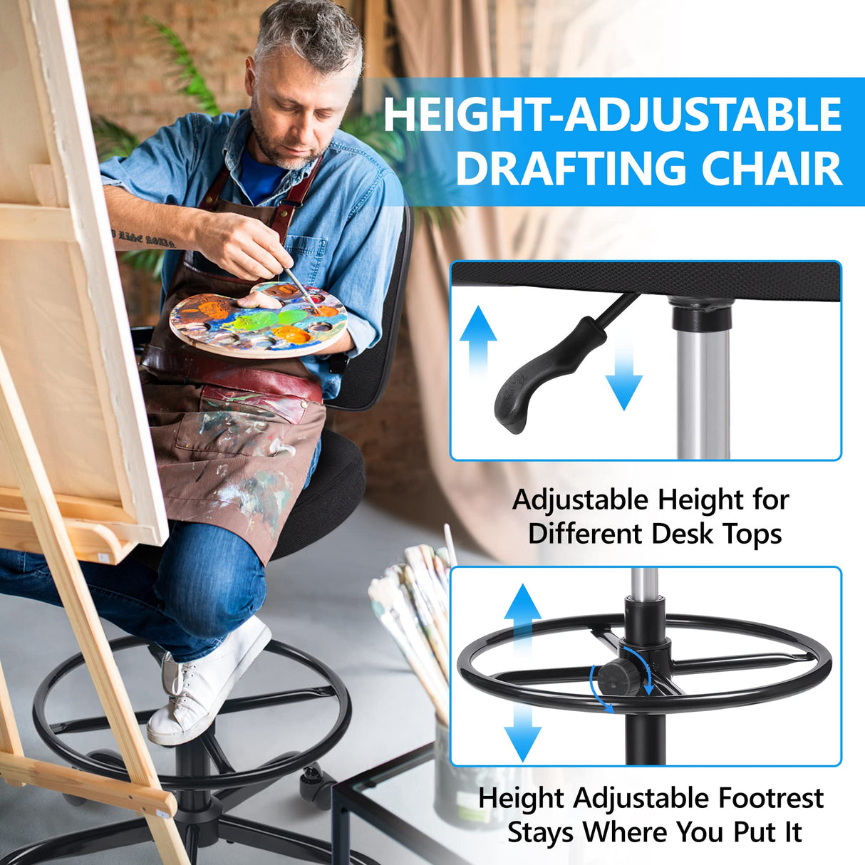 Primy Office Drafting Chair Armless, Tall Office Desk Chair Adjustable Height and Footring, Mid-Back Ergonomic Standing Desk Chair Mesh Rolling Tall Chair for Art Room, Office or Home(Black) Primy