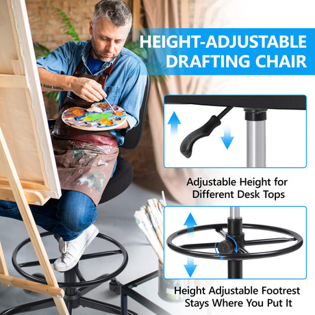 Primy Office Drafting Chair Armless, Tall Office Desk Chair Adjustable Height and Footring, Mid-Back Ergonomic Standing Desk Chair Mesh Rolling Tall Chair for Art Room, Office or Home(Black) Primy