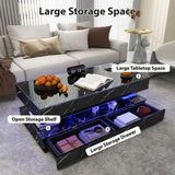 47inch High Glossy LED Coffee Table with Wireless Charging and Speaker, Modern Coffee Table With 2 Sliding Drawers, Double-Layer Center Tables with LED Light, Marble CoffeeTable for Living Room, Black PPorfamilia