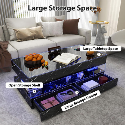 47inch High Glossy LED Coffee Table with Wireless Charging and Speaker, Modern Coffee Table With 2 Sliding Drawers, Double-Layer Center Tables with LED Light, Marble CoffeeTable for Living Room, Black