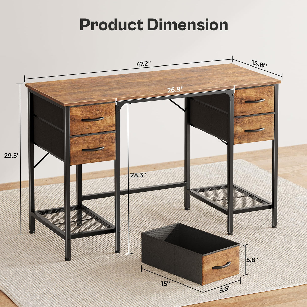 Huuger 47 Inch Computer Desk with 4 Drawers, Office Desk with Mesh Shelf, Gaming Desk, Large Storage, Writing Desk Work Desk for Home Office, Study, Bedroom, Work from Home, Rustic Brown Huuger