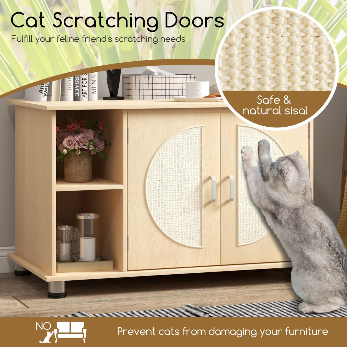 PETSITE Cat Litter Box Enclosure, Hidden Litter Box Furniture with Sisal Scratching Board Doors, Wooden Pet House Side End Table, Indoor Litter Box Cabinet with Adjustable Metal Feet PETSITE