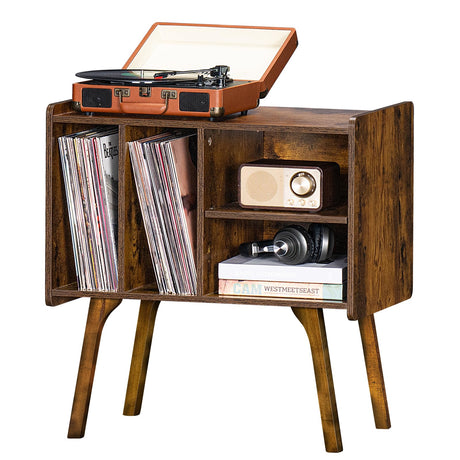 LELELINKY Record Player Stand,Vinyl Record Storage Table with 4 Cabinet Up to 120 Albums,Mid-Century Turntable Stand with Wood Legs,Brown Vinyl Holder Display Shelf for Bedroom Living Room LELELINKY