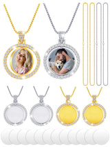 Fumete 24 Pcs Sublimation Rhinestone Pendant Set Including Round Rhinestone Bezel Trays Double Sided Blank Pendant Charms Thick Chains Sublimation Discs for Christmas DIY Making(Gold, White) Fumete