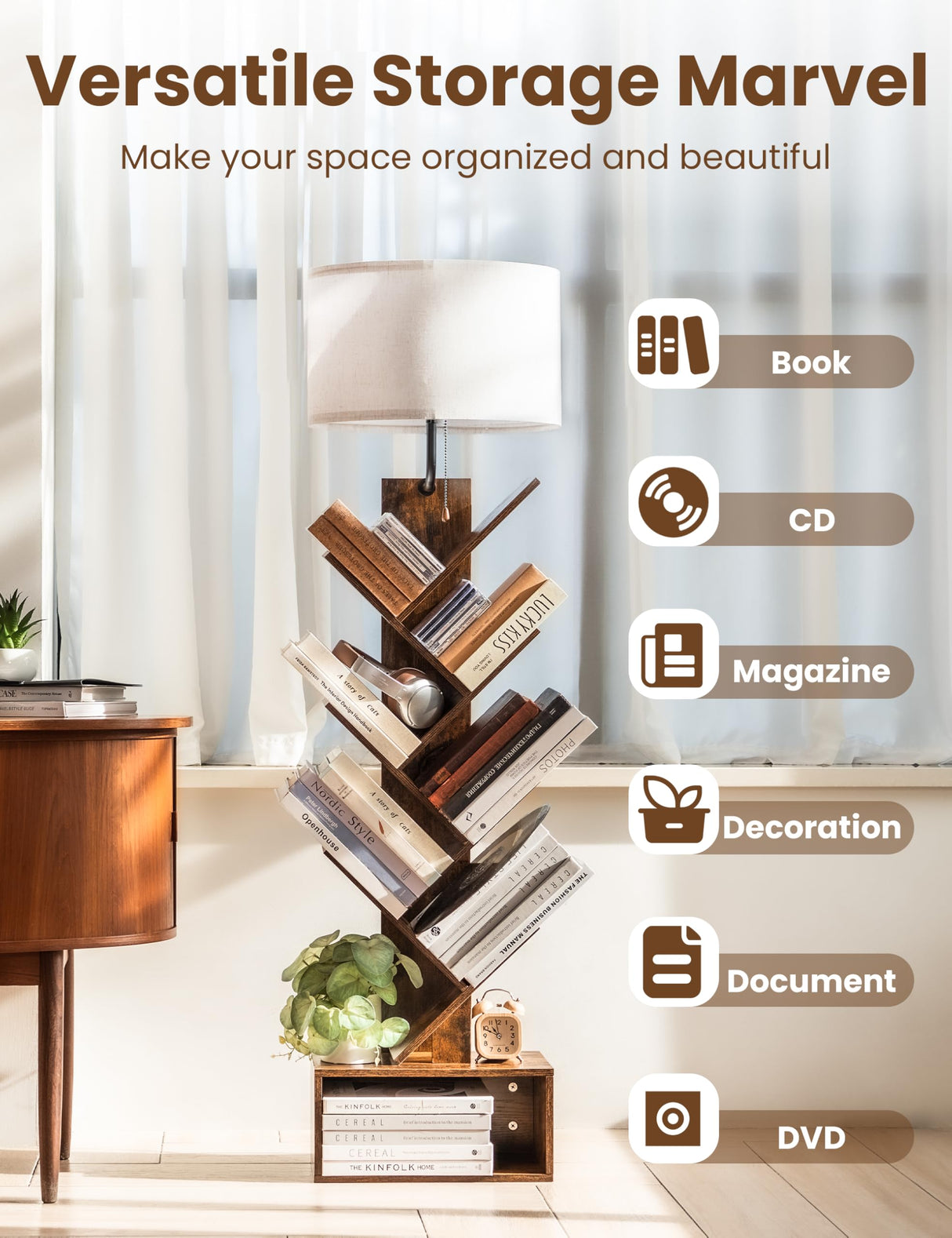 TabHolderix 6 Tier Tree Bookshelf with Light, Corner Tall Narrow Bookshelf, Small Bookcase with Storage Cabinet,Floor Standing Bookshelves Organizer for Bedroom/Living Room/Home Office, Rustic Brown TabHolderix