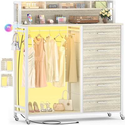Cyclysio Dresser for Bedroom with Clothes Rack & Shelves, 5 Drawers Dresser with Charging Station & LED Lights, Chest of Drawers with Lockable Wheels, Storage Shelves, Closet, Entryway
