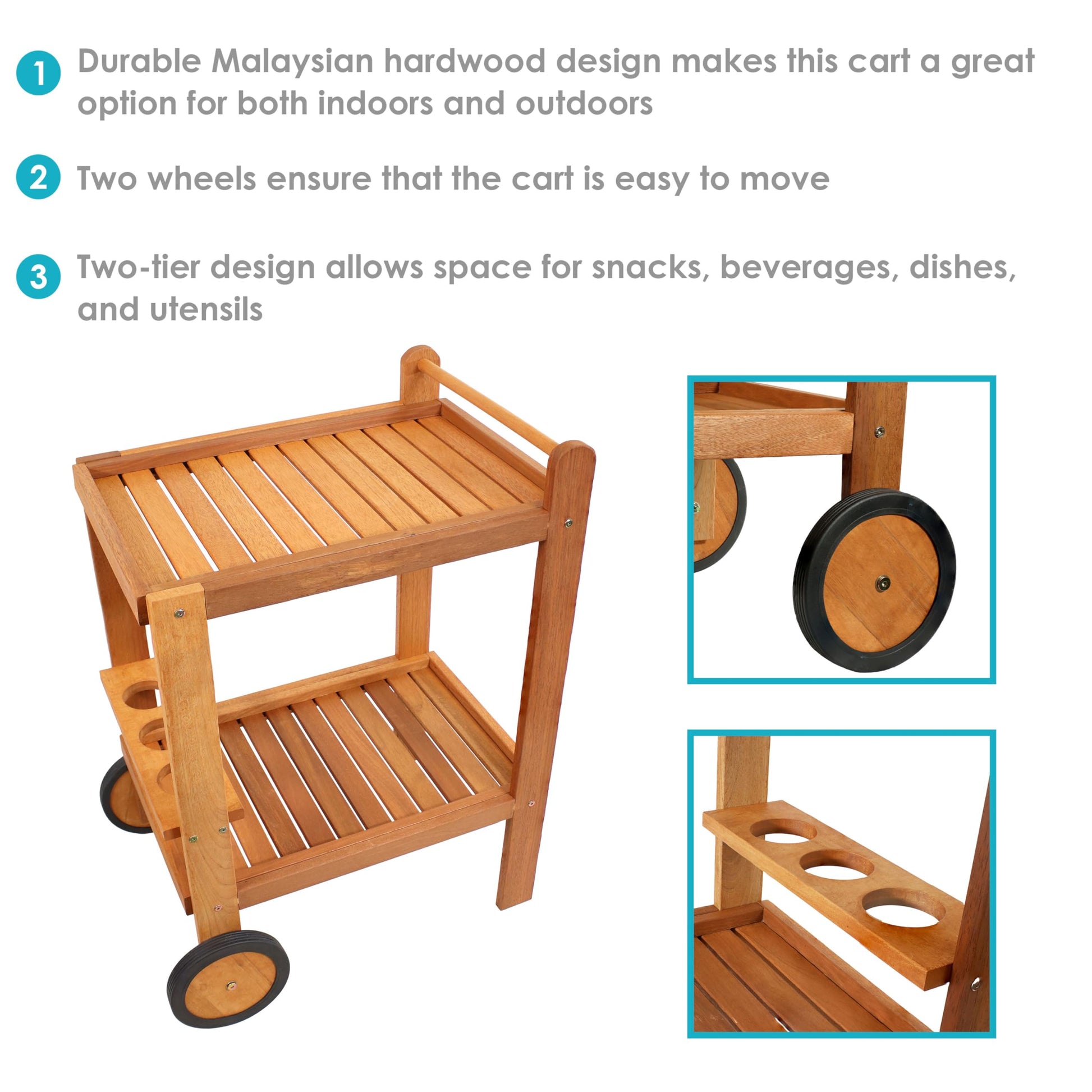 Sunnydaze Indoor/Outdoor Wood Bar Cart with Wheels - Malaysian Hardwood with Teak Oil Finish - 27.5" Wide x 35.5" High - WoodArtSupply