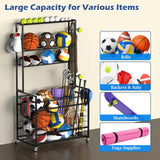 Sports Equipment Organizer Garage Basketball Ball Holder for Sports Gear and Toys Garage Ball Storage Rack Cart with Wheels and Hooks for Volleyball Football Basketball, Indoor/Outdoor, Black smusei