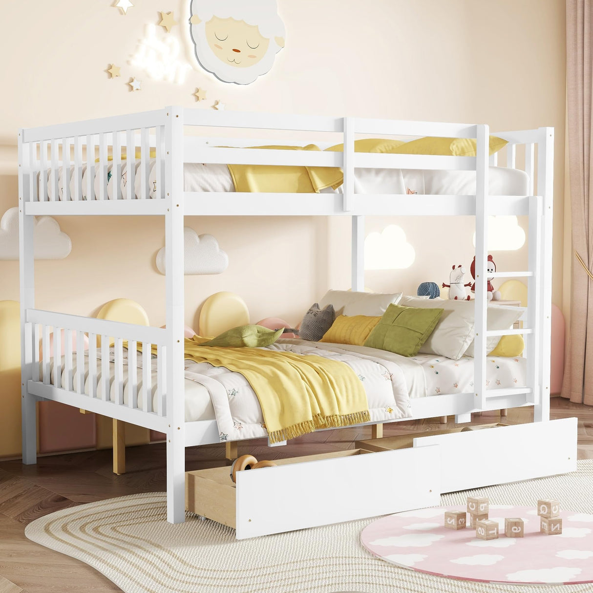 Ball & Cast Full Over Full Wood Bunk Bed for Kids,Convertible Storage Bunk Bed with Two Storage Drawers and Ladder,Can Be Divided Into Two Full Size Daybeds,No Box Spring Required,White Ball & Cast