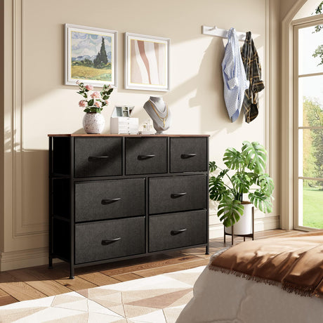 WLIVE Dresser TV Stand, Entertainment Center with Fabric Drawers, Media Console Table with Metal Frame and Wood Top for TV up to 45 inch, Chest of Drawers for Bedroom, Black and Rustic Brown WLIVE