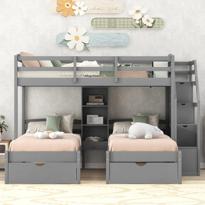 Harper & Bright Designs WoodenTriple Bunk Beds with Stairs & Storage Drawers,Twin Over Twin Bunk Bed for 3 Kids,3 Bunk Beds Frame with Built-in Shelves for Kids,Teens,Adults,No Box Spring Needed,Gray