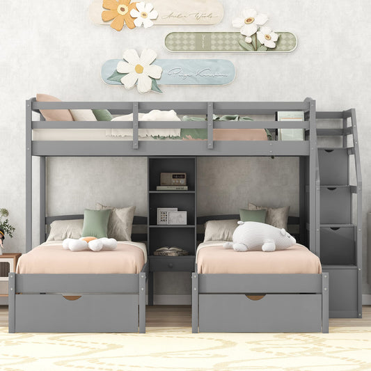 Harper & Bright Designs WoodenTriple Bunk Beds with Stairs & Storage Drawers,Twin Over Twin Bunk Bed for 3 Kids,3 Bunk Beds Frame with Built-in Shelves for Kids,Teens,Adults,No Box Spring Needed,Gray