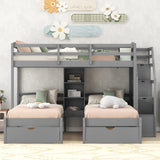 Triple Bunk Beds with Stairs and Storage Drawers, Twin Over Twin&Twin Bunk Bed for 3 Kids, Wooden 3 Bunk Beds Frame with Built-in Shelves for Kids,Teens, Adults, No Box Spring Needed (Gray) Harper & Bright Designs