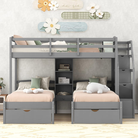 Triple Bunk Beds with Stairs and Storage Drawers, Twin Over Twin&Twin Bunk Bed for 3 Kids, Wooden 3 Bunk Beds Frame with Built-in Shelves for Kids,Teens, Adults, No Box Spring Needed (Gray) Harper & Bright Designs