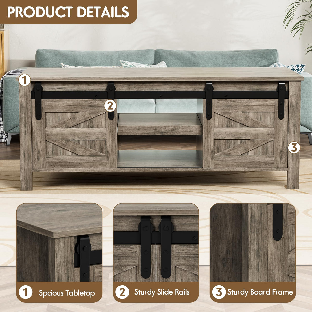 JUMMICO Farmhouse Coffee Table with Storage & Sliding Barn Doors, Modern Rustic Living Room Table with Adjustable Shelves, Wooden Rustic Center Table for Living Room (Light Rustic Oak) JUMMICO