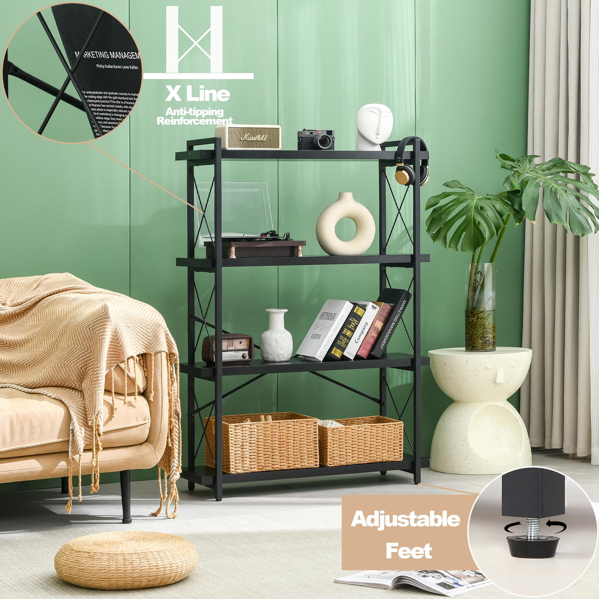 HCHQHS Bookshelf, 4-Tier Industrial Bookcase, Black Open Book Shelf, Freestanding Tall Bookshelves with Metal Frame HCHQHS