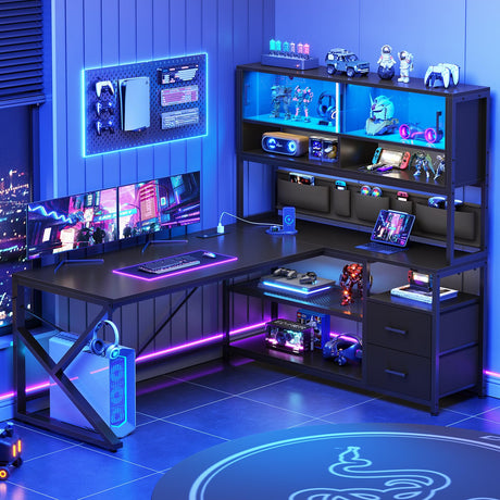 SEDETA L Shaped Gaming Desk, Home Office Computer Desk with 2 Drawer and Bookshelf, L Shaped Gaming Desk with LED Light, Glass Cabinet and Storage Bag, Corner Desk with Storage Shelves, Black SEDETA