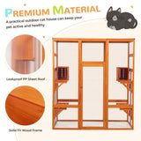 COZIWOW Large Wooden Cat Cage with Perche and Condo, Play Run Enclosure Indoor Kitty Window Kennel with Waterproof Roof, 7 Platforms & 2 Resting Box, 62.4" L x 32.4" W x 70" H, Deep Orange COZIWOW