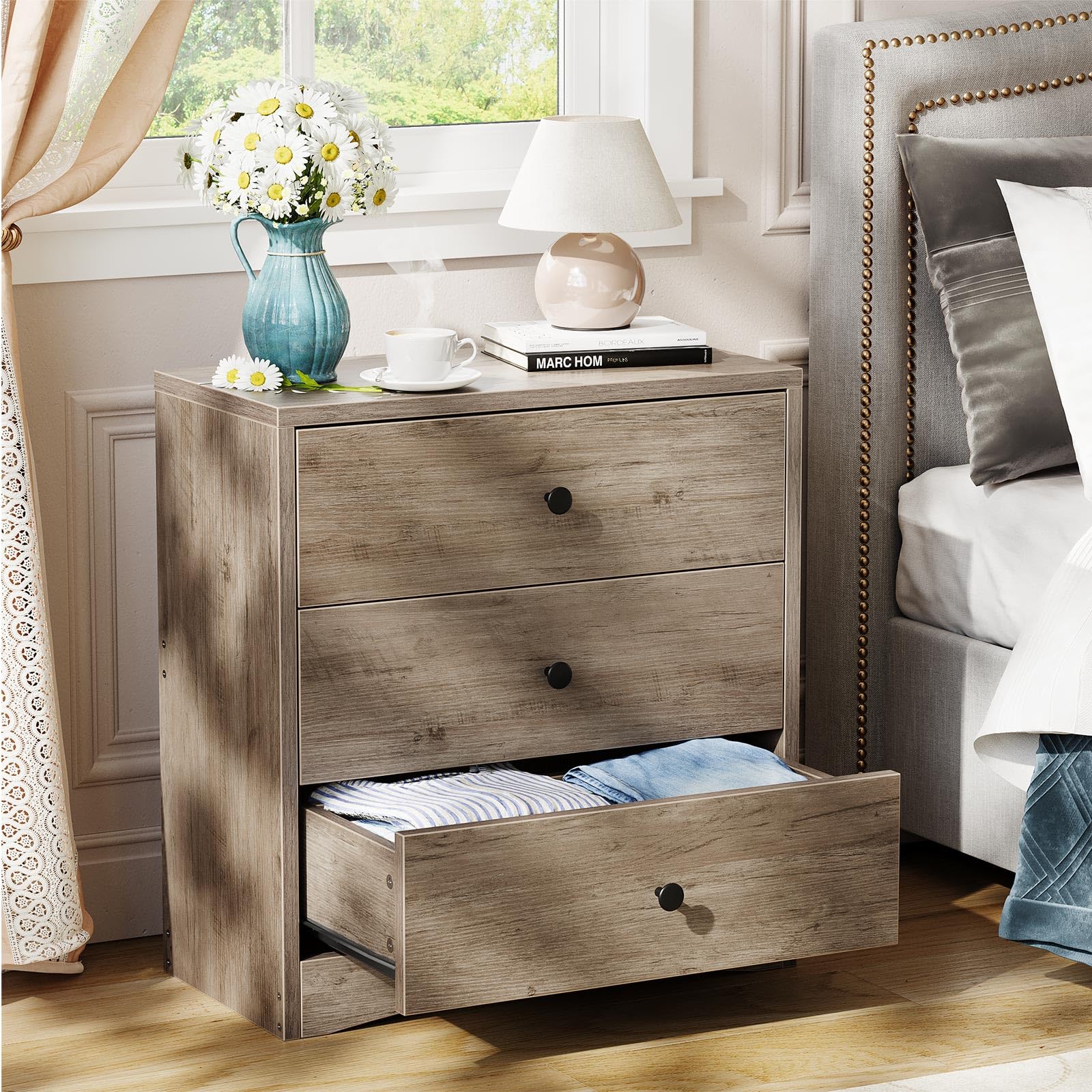 Memobarco Nightstand, Bedside Tables, Farmhouse Wood Night Stand with 3 Storage Drawers, Small Wooden Dresser Chest of Drawers Bedside Cabinet for Bedroom Small Spaces, Gray - WoodArtSupply