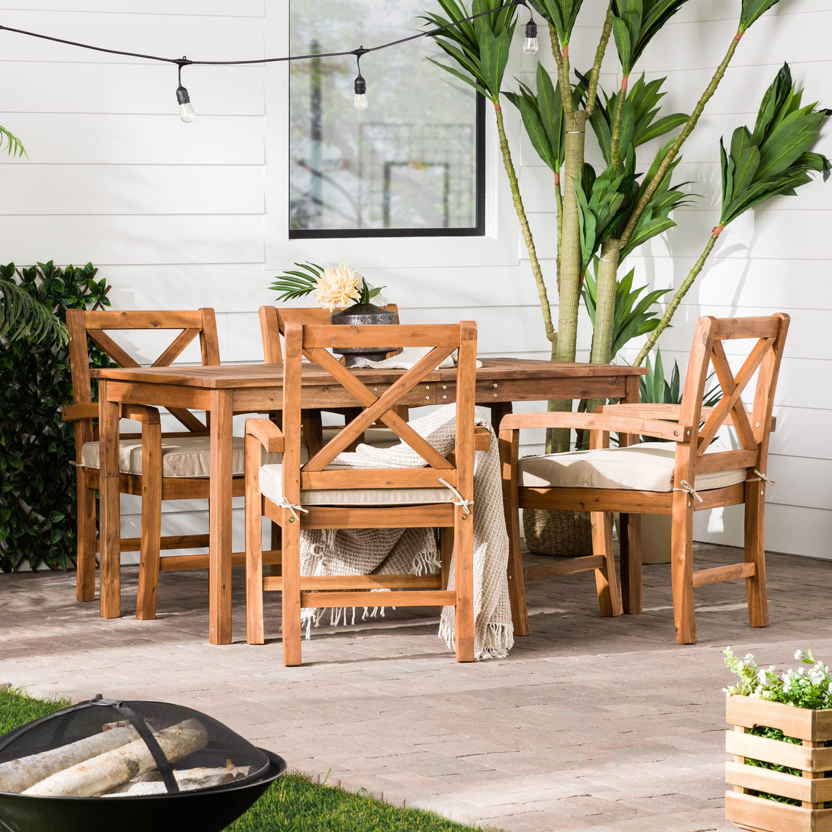 Walker Edison Delray Classic 5 Piece Acacia Wood Outdoor Dining Table and X-Back Chair Set with Cushions, Set of 5, Brown Walker Edison