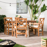 Walker Edison Delray Classic 5 Piece Acacia Wood Outdoor Dining Table and X-Back Chair Set with Cushions, Set of 5, Brown Walker Edison