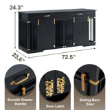 72.5" Extra Large Furniture Style Double Dog Crates for Large Breeds, XXL Wooden Dog Kennel Furniture with Drawers, Divider, Water Resistant & Barn Door for 2 Dogs, Black EDYO LIVING