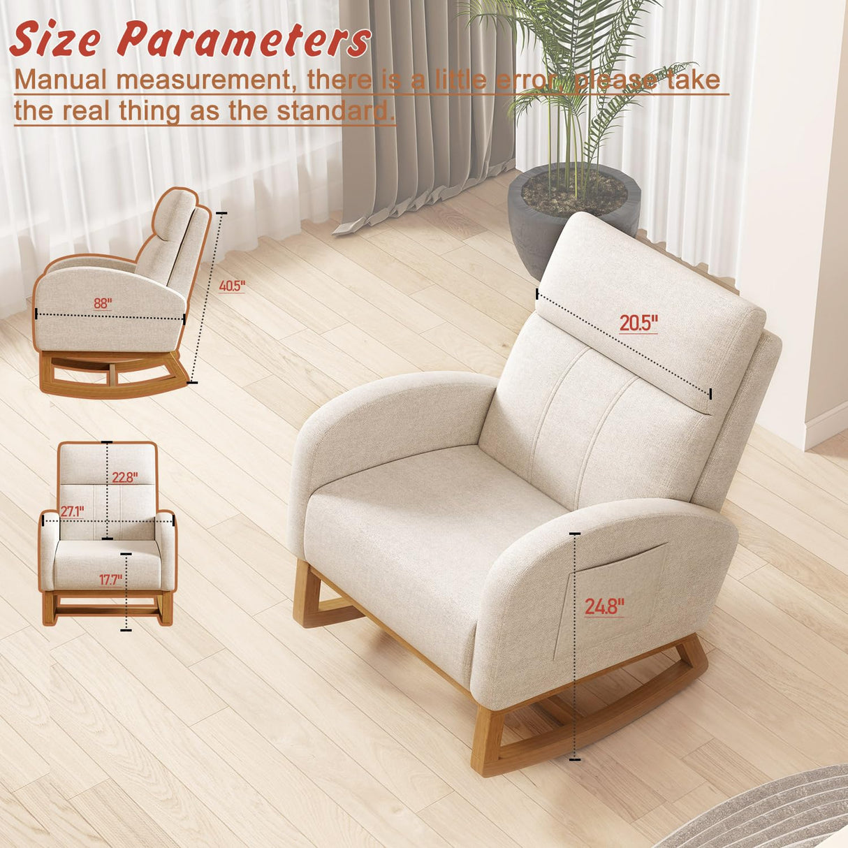 Gaussen Glider Rocking Chair Nursery Comfy Accent Chair with High Backrest Upholstered Living Room Chairs with Side Pocket Armchair Reading Chair for Bedroom Nursery Office, Cream Gaussen