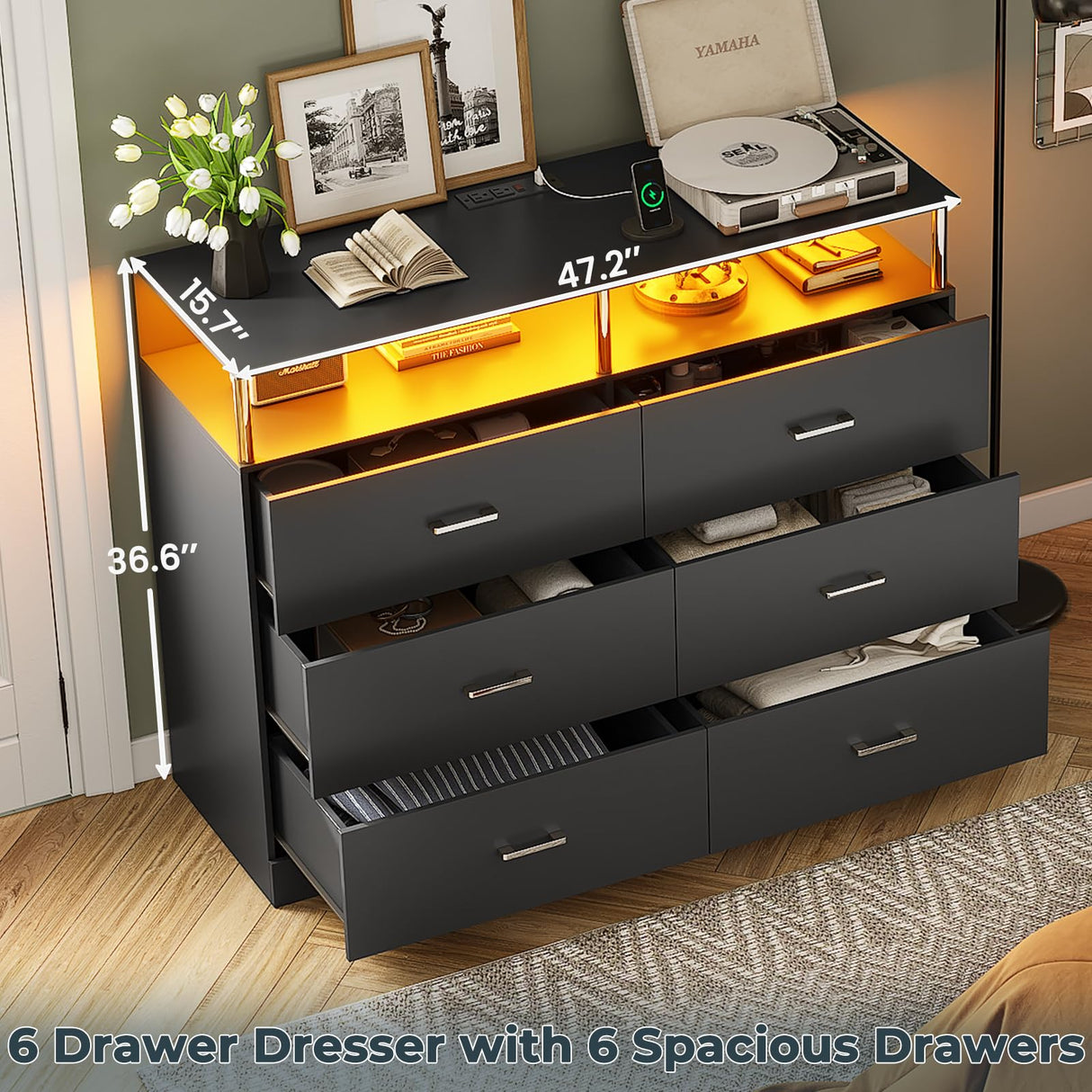 AOGLLATI Black Dresser for Bedroom with 6 Drawers, Dressers & Chests of Drawers with Column Design & Charging Station, Modern Bedroom Led Wide Dresser for Bedroom Closet AOGLLATI